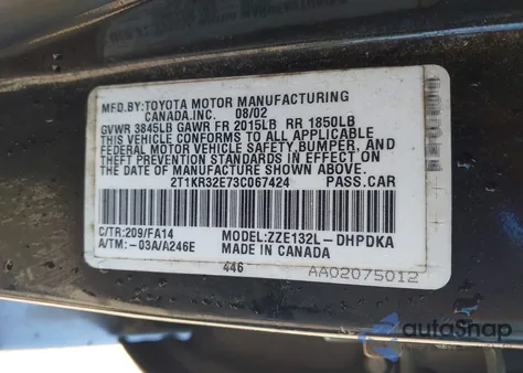 2003 Toyota Matrix Standard z USA, uszkodzony, nr VIN 2T1KR32E73C067424